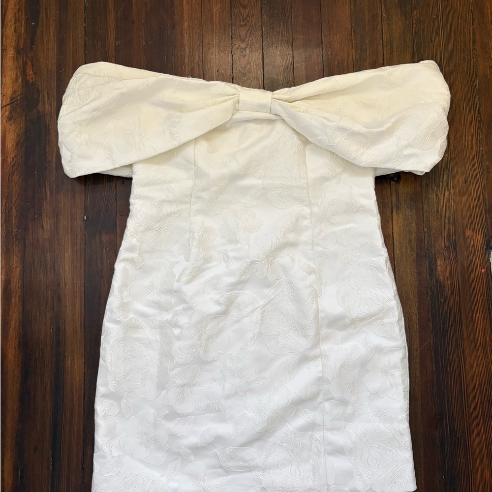 Petal & Pup White Textured Off-Shoulder Bow Mini Dress